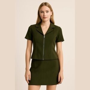 Jodi Michaels Olive Green Skirt Suit Set Size 5/6 NWT Short Sleeve Zip Up Top